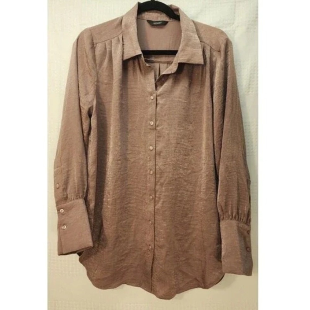Simply Vera Wang Blouse Medium Brown Button Up Down Oversized Collared Tunic